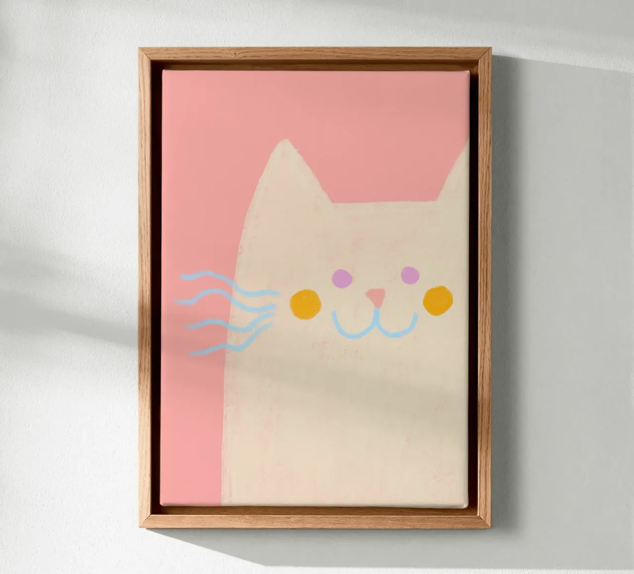 Poster rosa con faccia di gatto minimalista tela con Cornice a cassetta da vintagepod