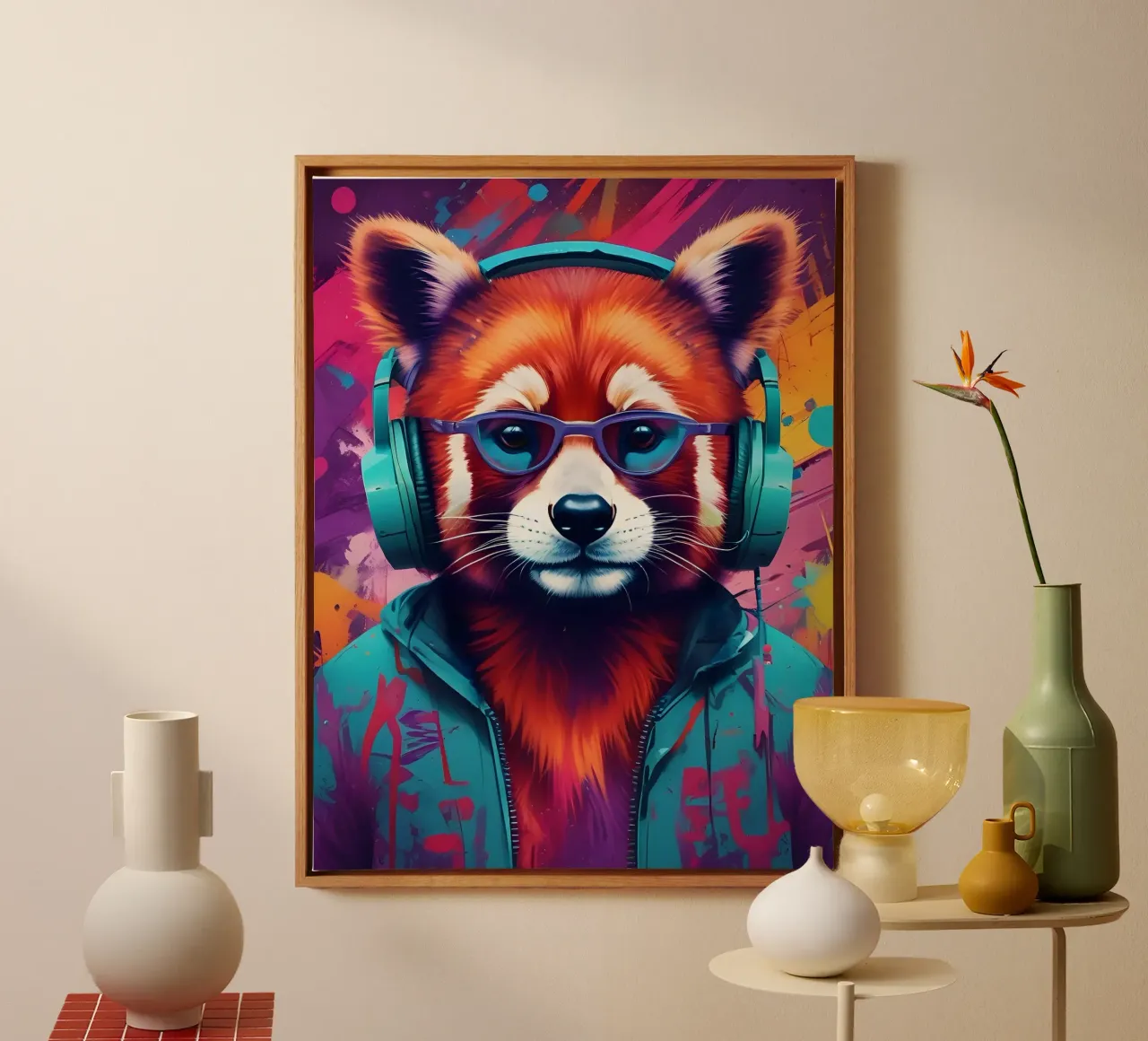 Red panda in glasses music canvas with Floater frame by MakArena