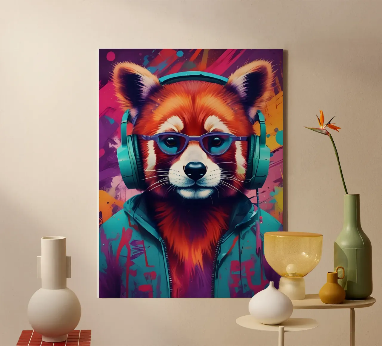 Red panda in glasses music canvas with Floater frame by MakArena