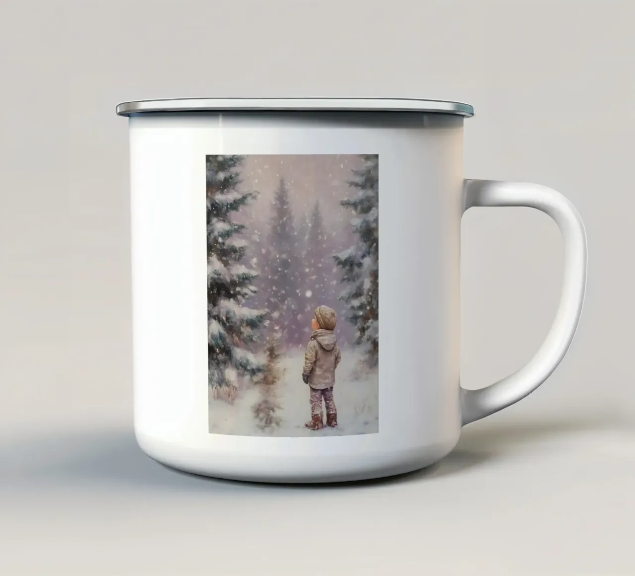 Bambino nella foresta invernale - Scena di neve nostalgica tazza in smalto da Studio Vibe