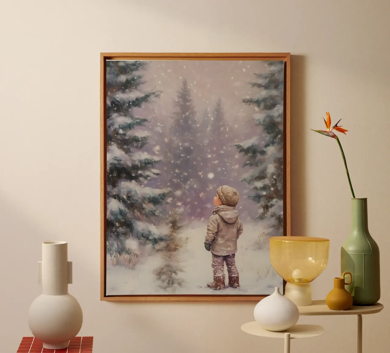 Child in the winter forest - Nostalgic snow scene canvas with Floater frame by Studio Vibe