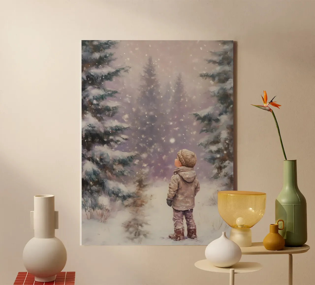 Child in the winter forest - Nostalgic snow scene canvas with Floater frame by Studio Vibe