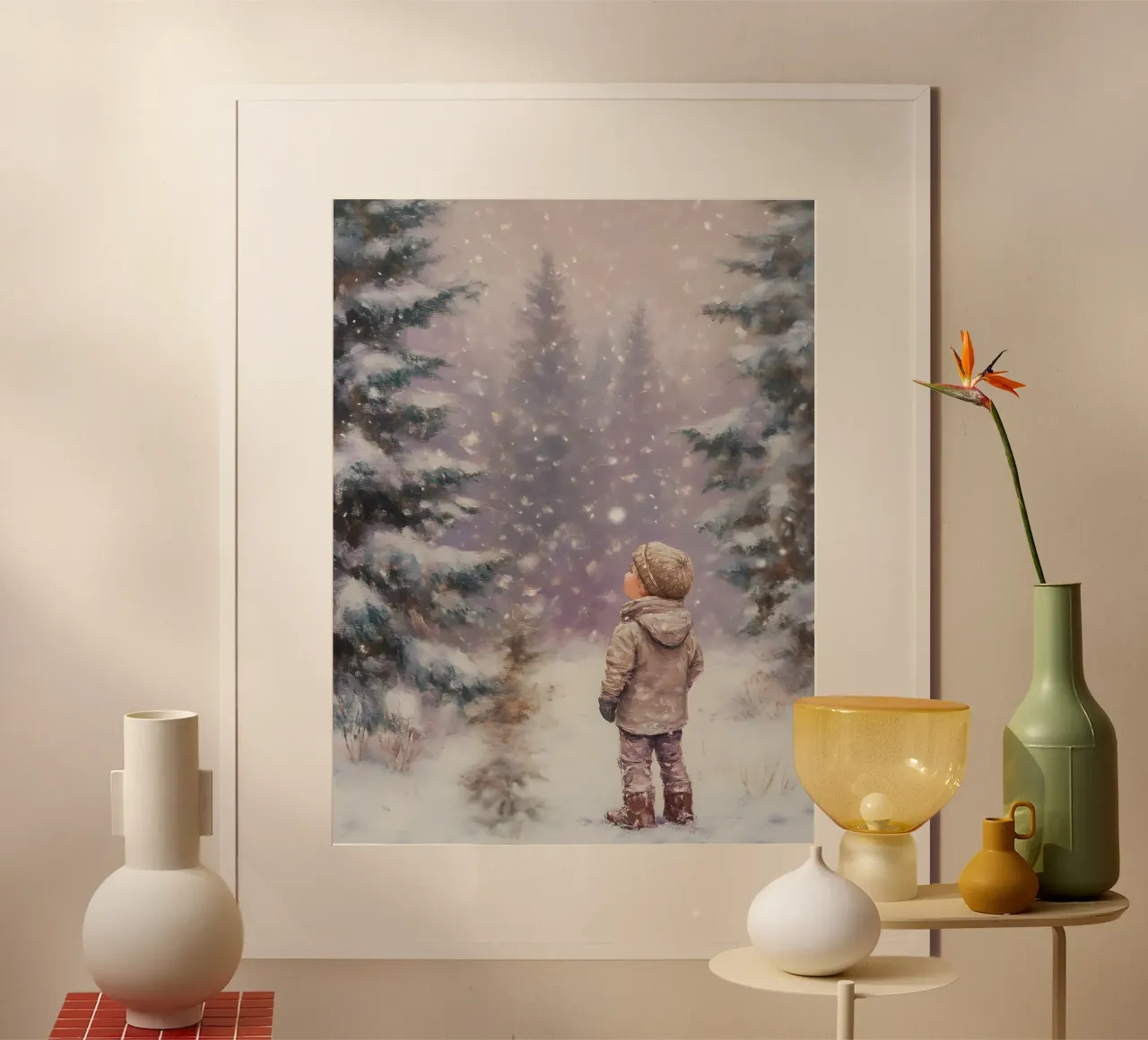 Bambino nella foresta invernale - Scena di neve nostalgica poster da Studio Vibe