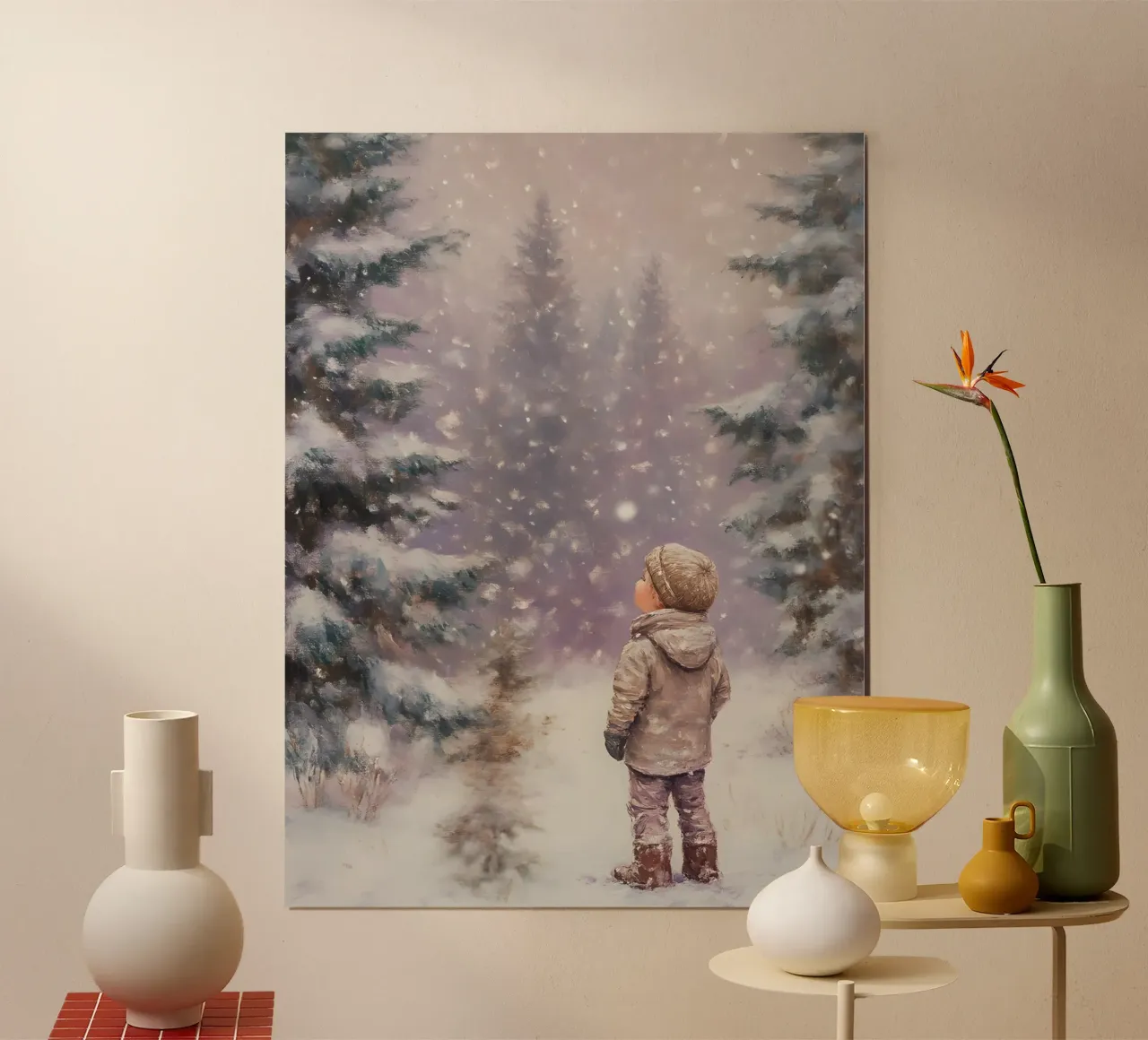 Bambino nella foresta invernale - Scena di neve nostalgica poster da Studio Vibe