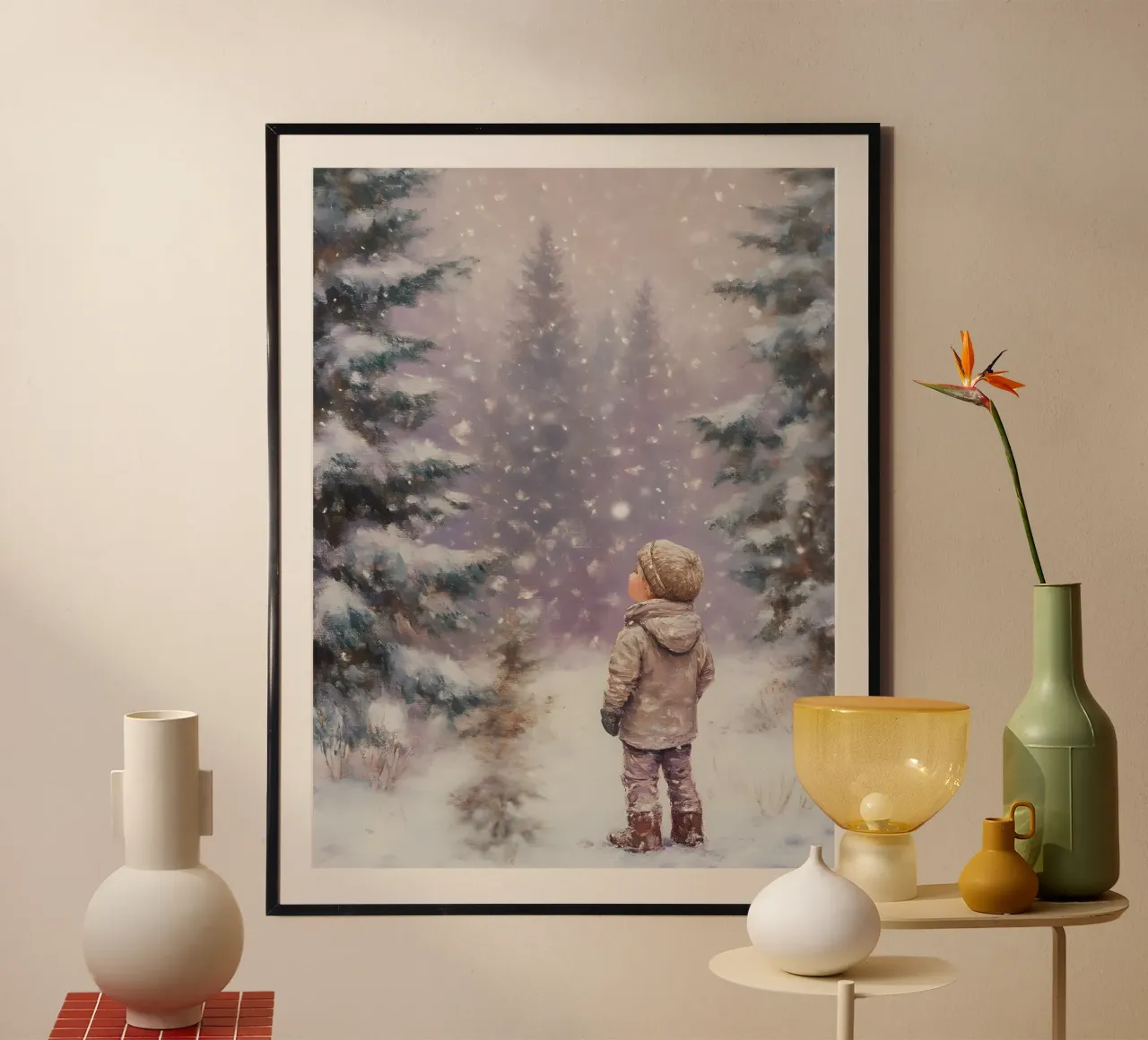 Bambino nella foresta invernale - Scena di neve nostalgica poster da Studio Vibe