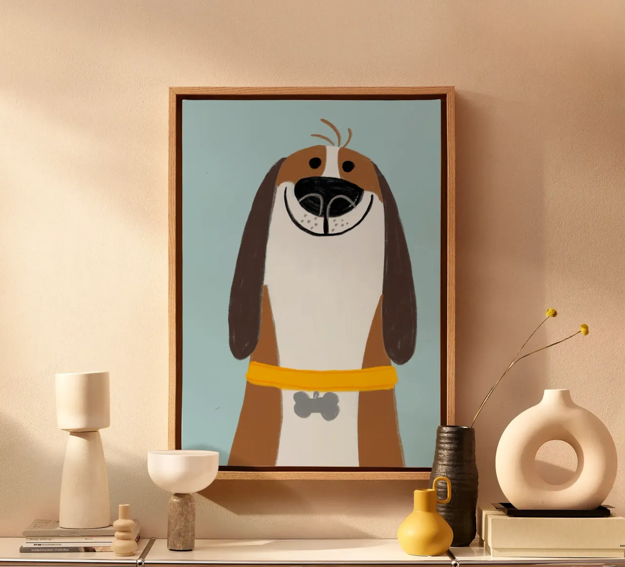 Ritratto di cane felice Poster artistico minimalista tela con Cornice a cassetta da vintagepod