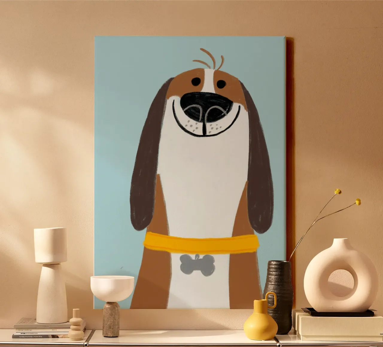 Ritratto di cane felice Poster artistico minimalista tela con Cornice a cassetta da vintagepod