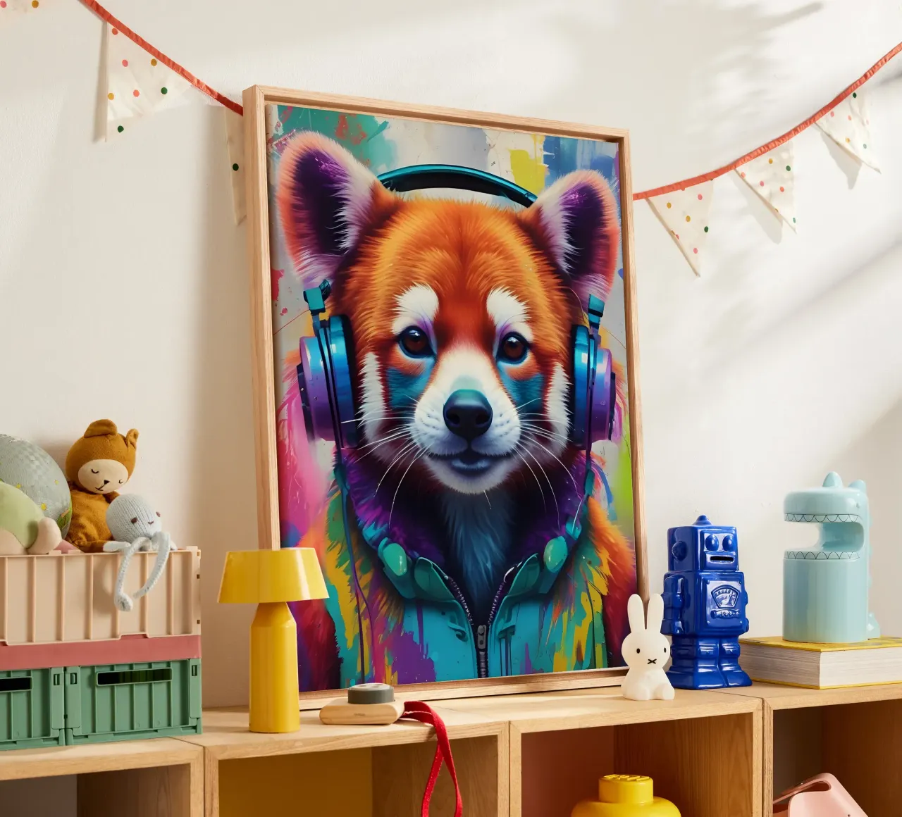 Red panda music art canvas with Floater frame by MakArena
