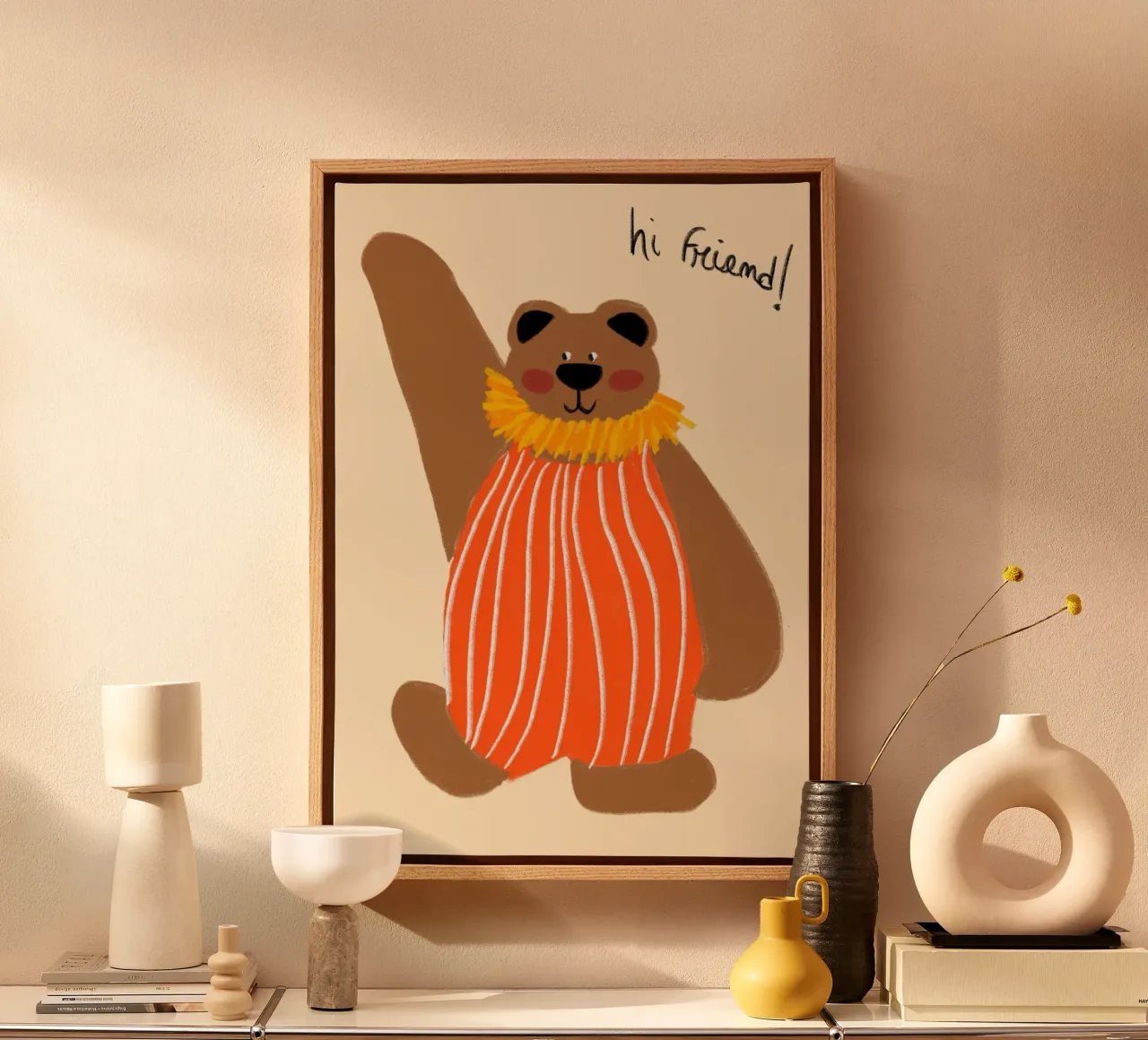 Orso carino 'Ciao amico! Arte stravagante tela con Cornice a cassetta da vintagepod