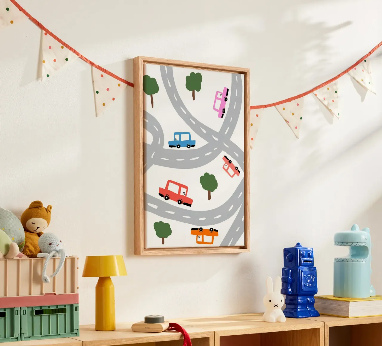 Auto carine su una mappa stradale Arte per bambini tela con Cornice a cassetta da vintagepod