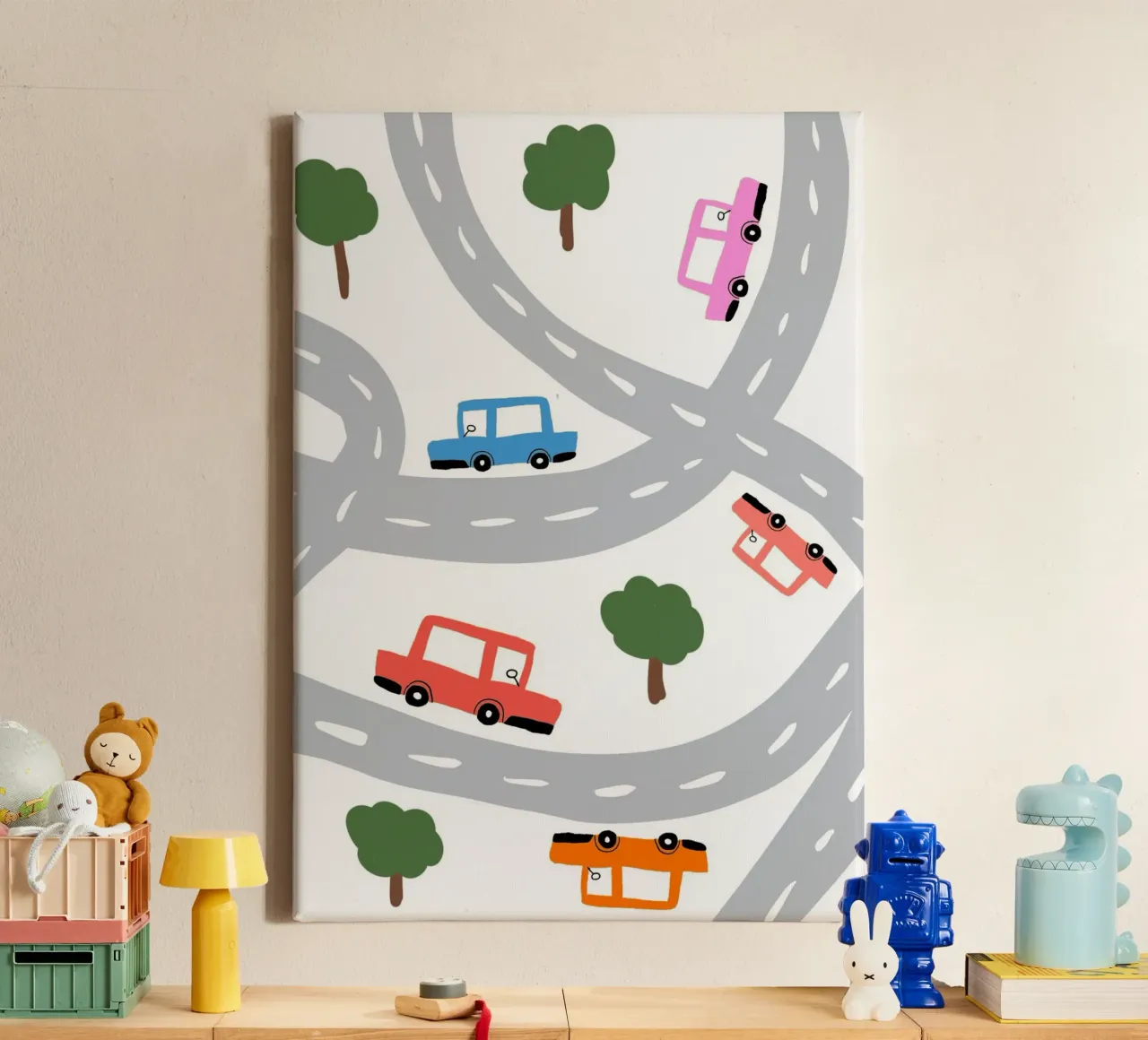 Auto carine su una mappa stradale Arte per bambini tela con Cornice a cassetta da vintagepod