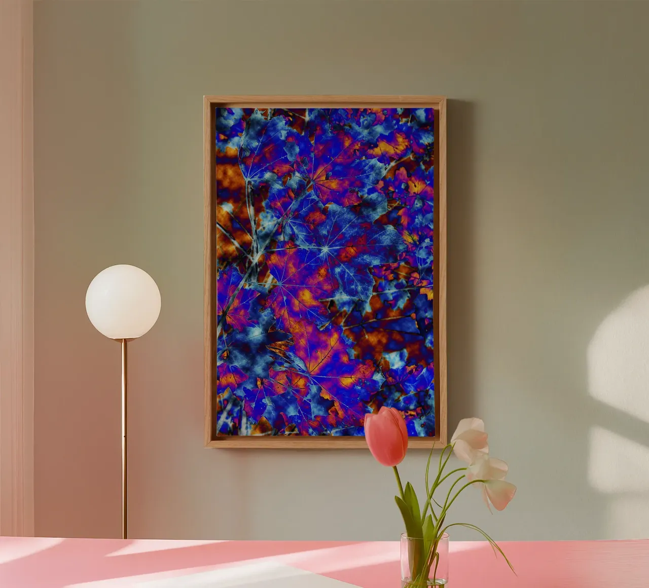 Abstract Autumn Leaves – Vibrant Indigo and Yellow Print canvas with Floater frame by jay