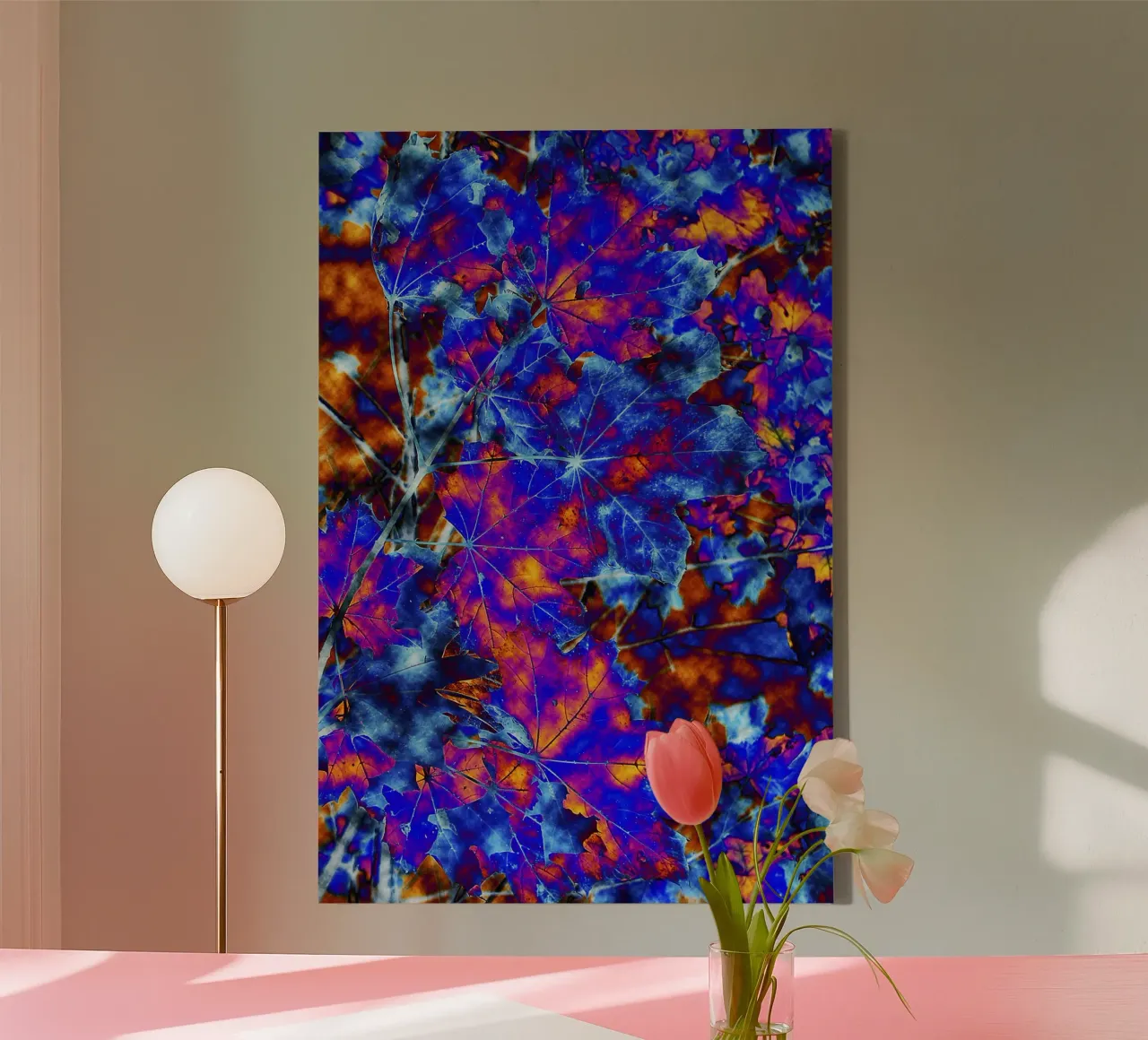 Abstract Autumn Leaves – Vibrant Indigo and Yellow Print canvas with Floater frame by jay