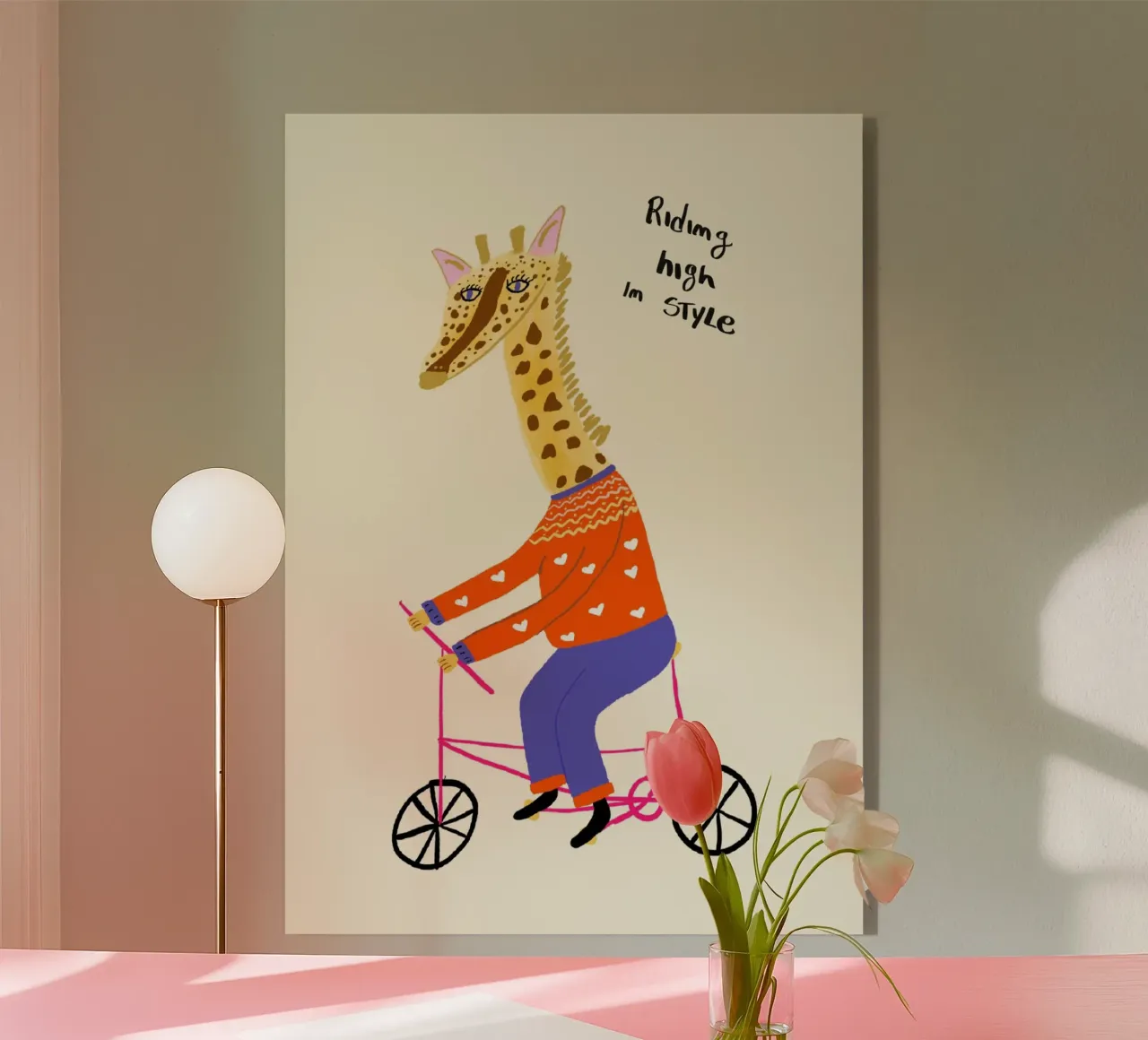 Giraffa in bicicletta: "In alto con stile". plexiglass da vintagepod