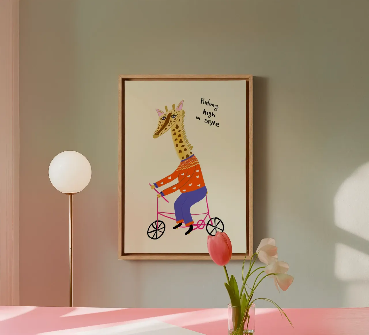Giraffa in bicicletta: "In alto con stile". tela con Cornice a cassetta da vintagepod