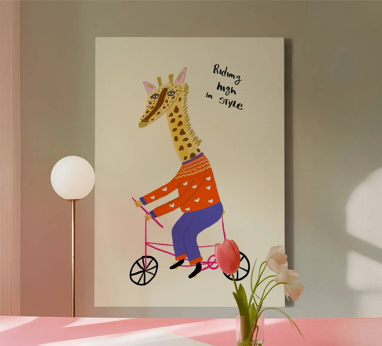Giraffa in bicicletta: "In alto con stile". tela con Cornice a cassetta da vintagepod
