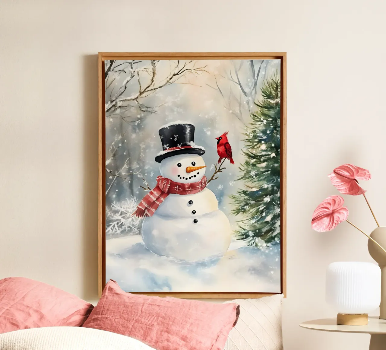 Winterse sneeuwpop met rode kardinaal in het bos canvas met Baklijst van Studio Vibe