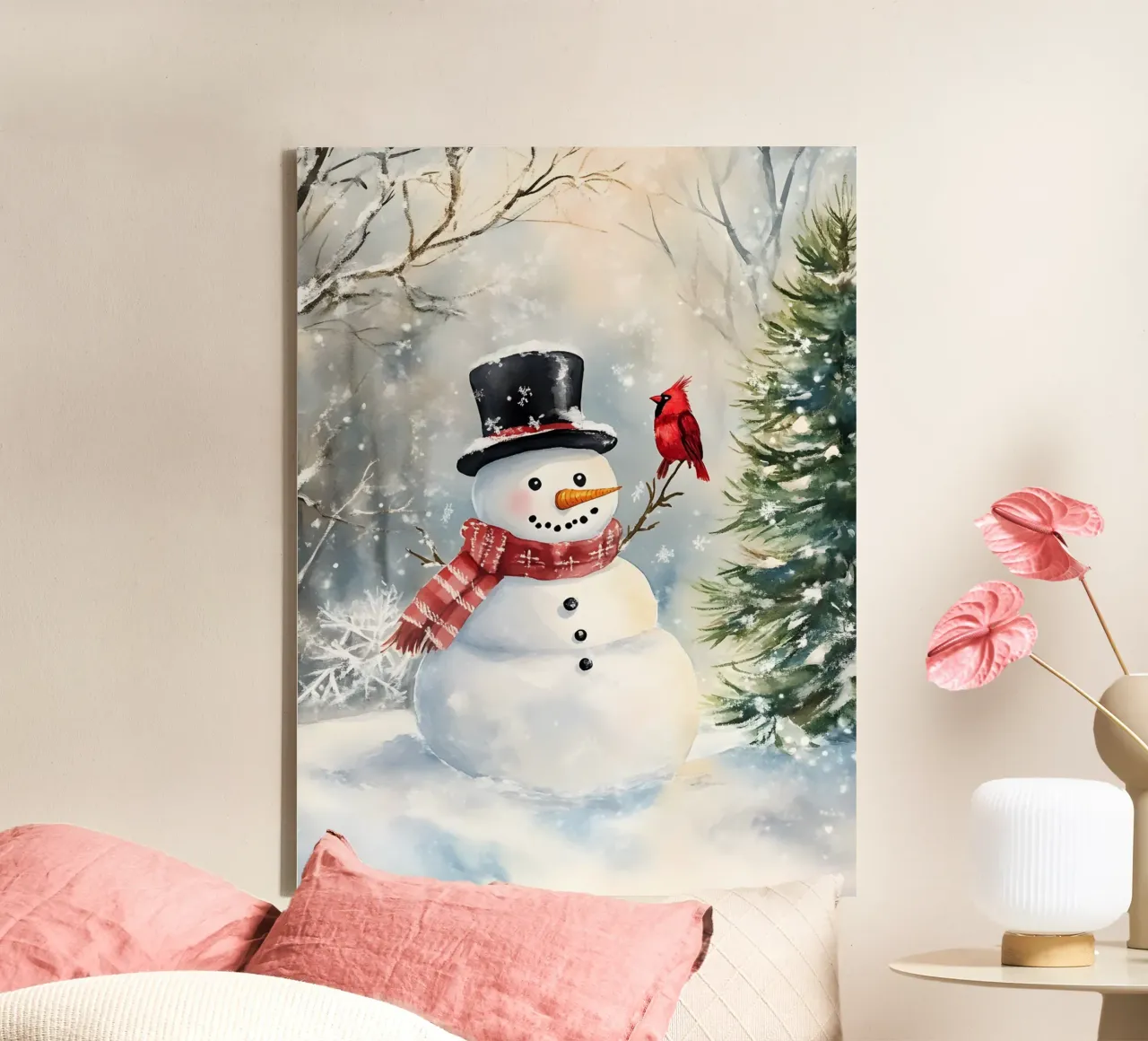 Winterse sneeuwpop met rode kardinaal in het bos canvas met Baklijst van Studio Vibe