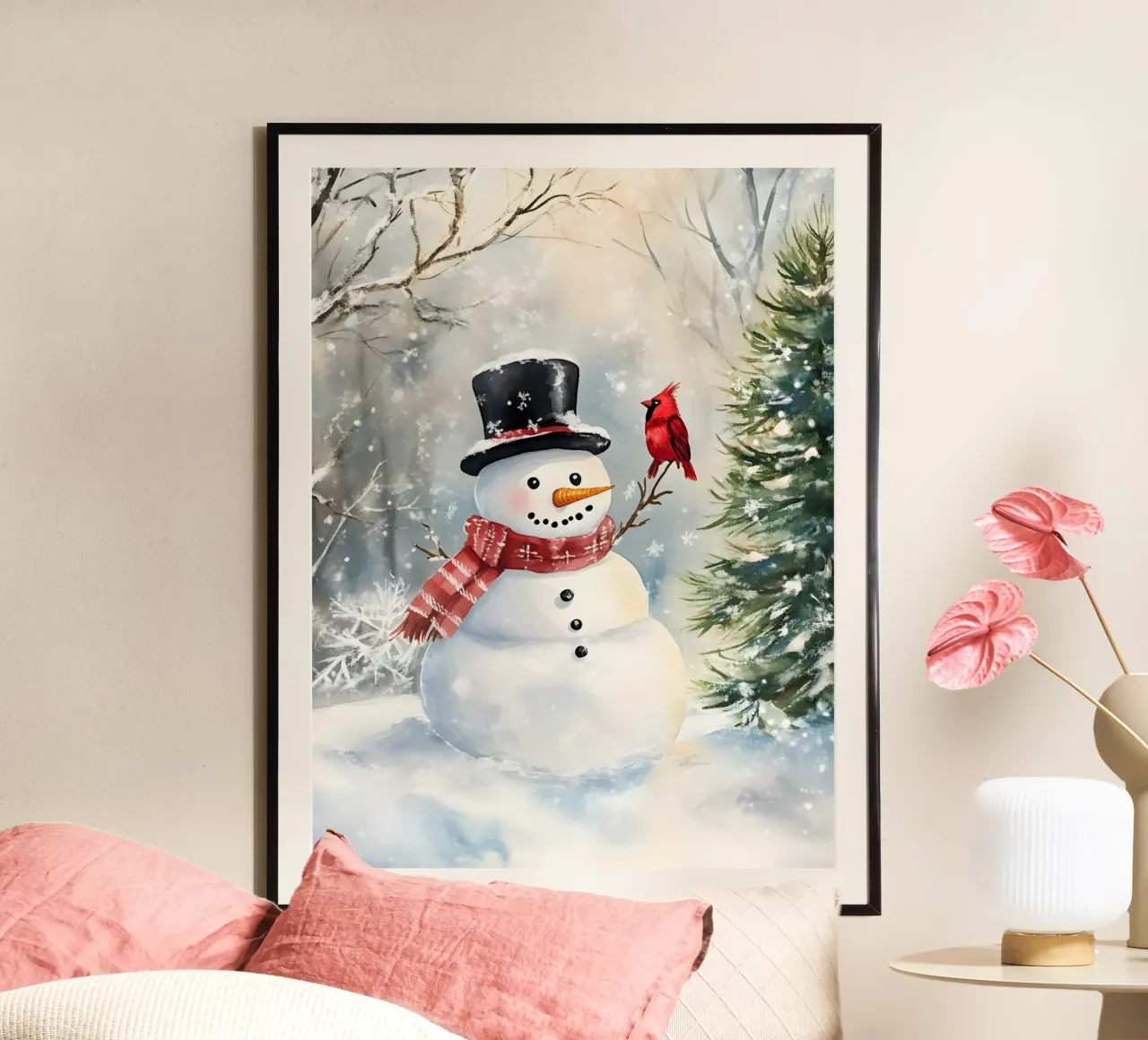Winterlicher Schneemann mit rotem Kardinal im Wald Poster von Studio Vibe