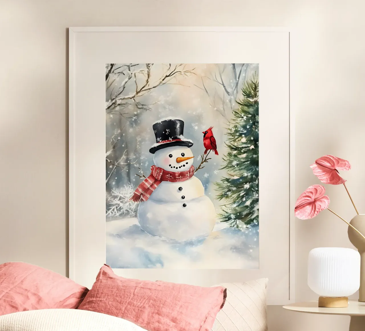 Winterlicher Schneemann mit rotem Kardinal im Wald Poster von Studio Vibe