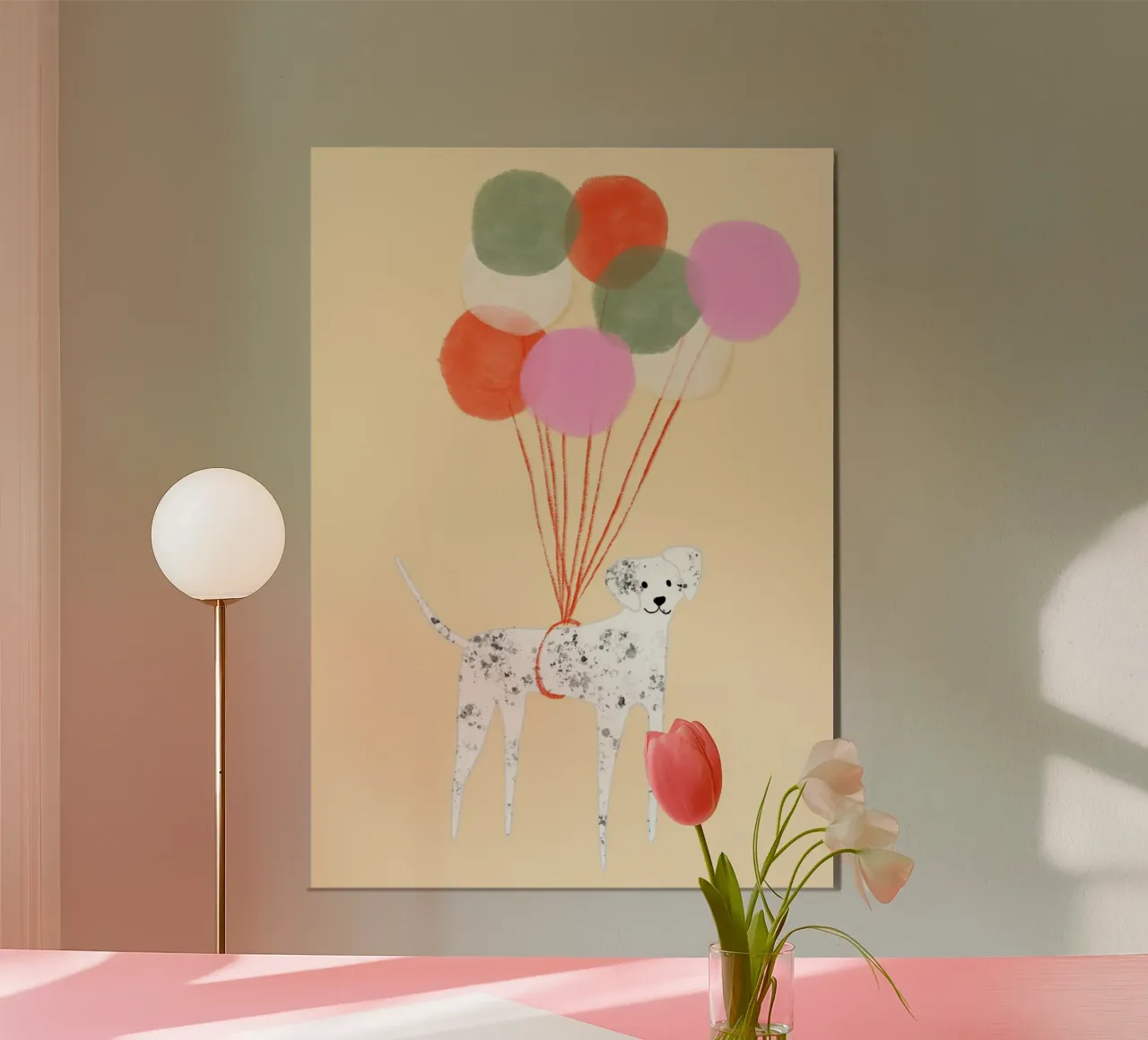 Dog with Balloons Whimsical Abstract Art poster by vintagepod