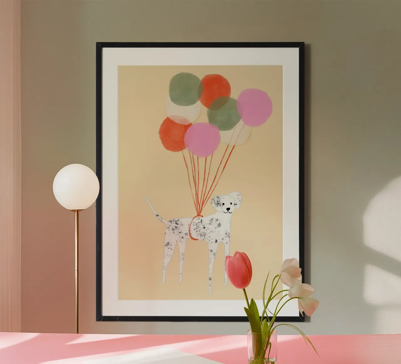 Dog with Balloons Whimsical Abstract Art poster by vintagepod