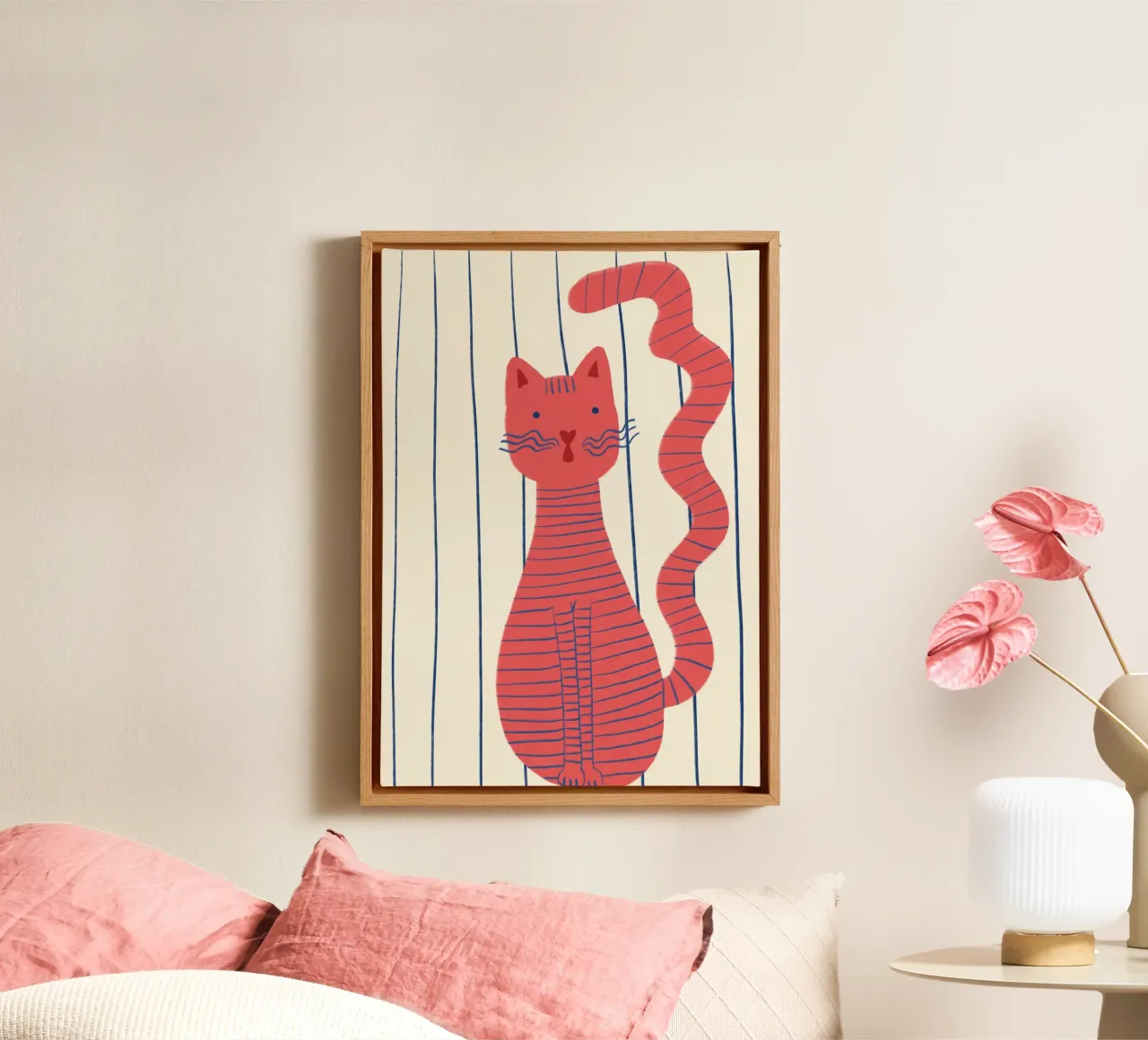 Gatto a righe Poster minimalista rosso e blu tela con Cornice a cassetta da vintagepod