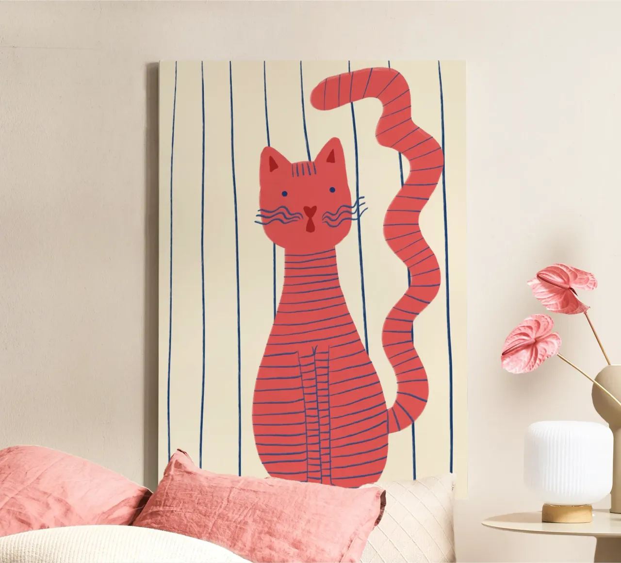 Gatto a righe Poster minimalista rosso e blu tela con Cornice a cassetta da vintagepod