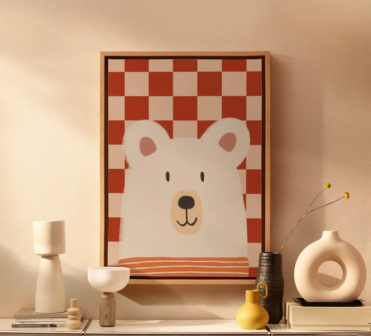 Arte da parete con motivo a scacchi di un orso carino tela con Cornice a cassetta da vintagepod