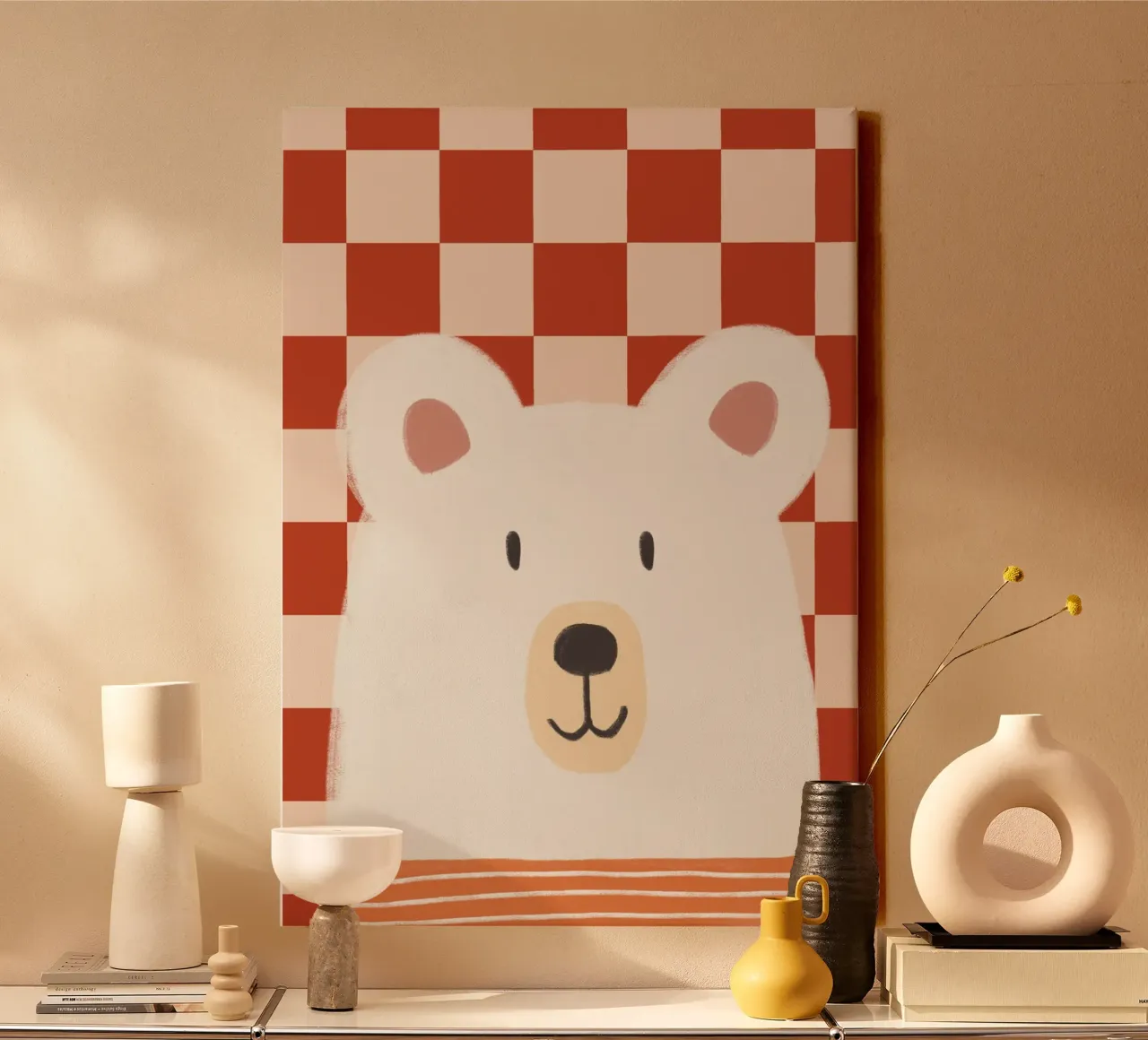 Arte da parete con motivo a scacchi di un orso carino tela con Cornice a cassetta da vintagepod