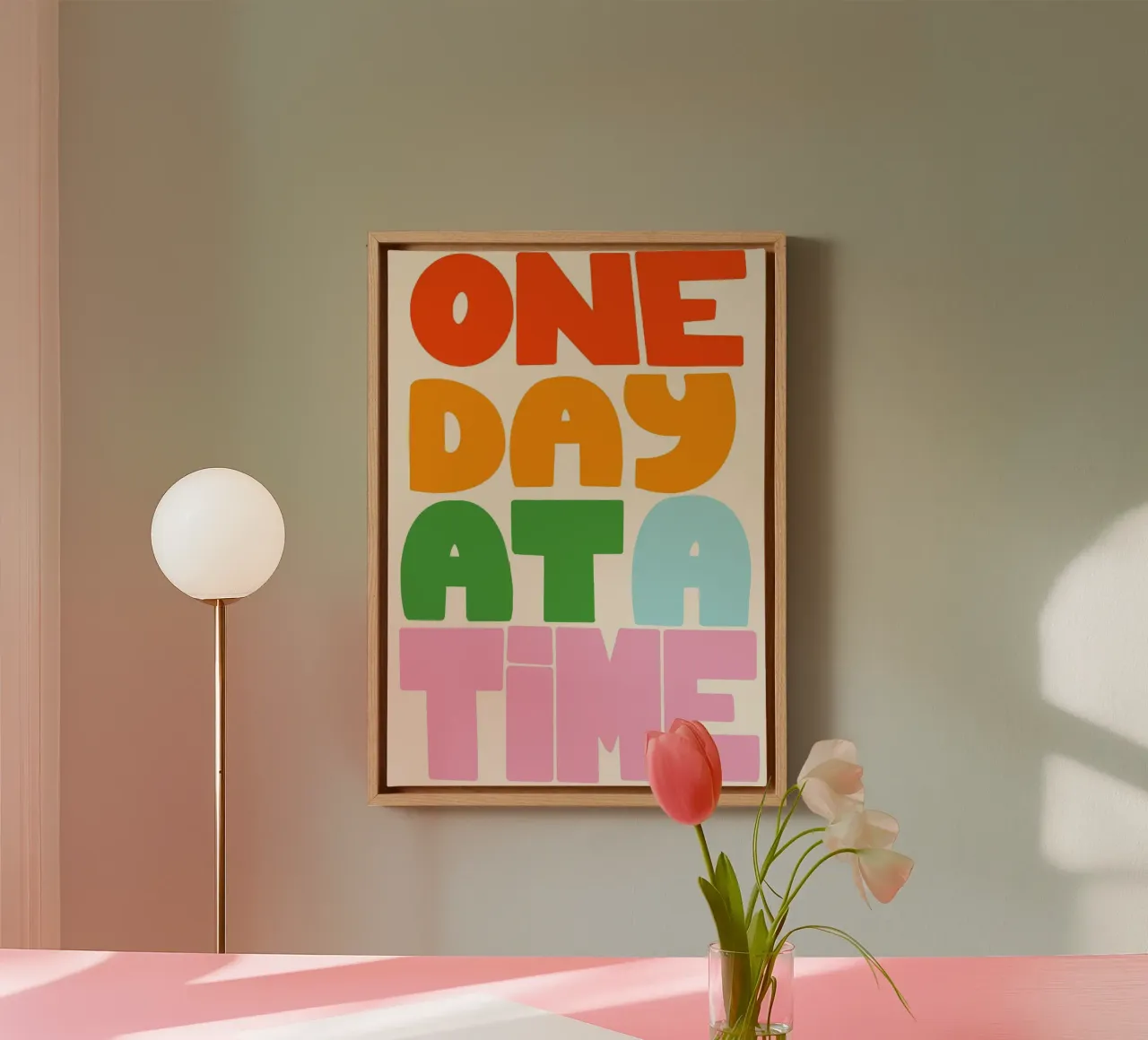 One Day at a Time - Retro Typografie Poster canvas met Baklijst van vintagepod