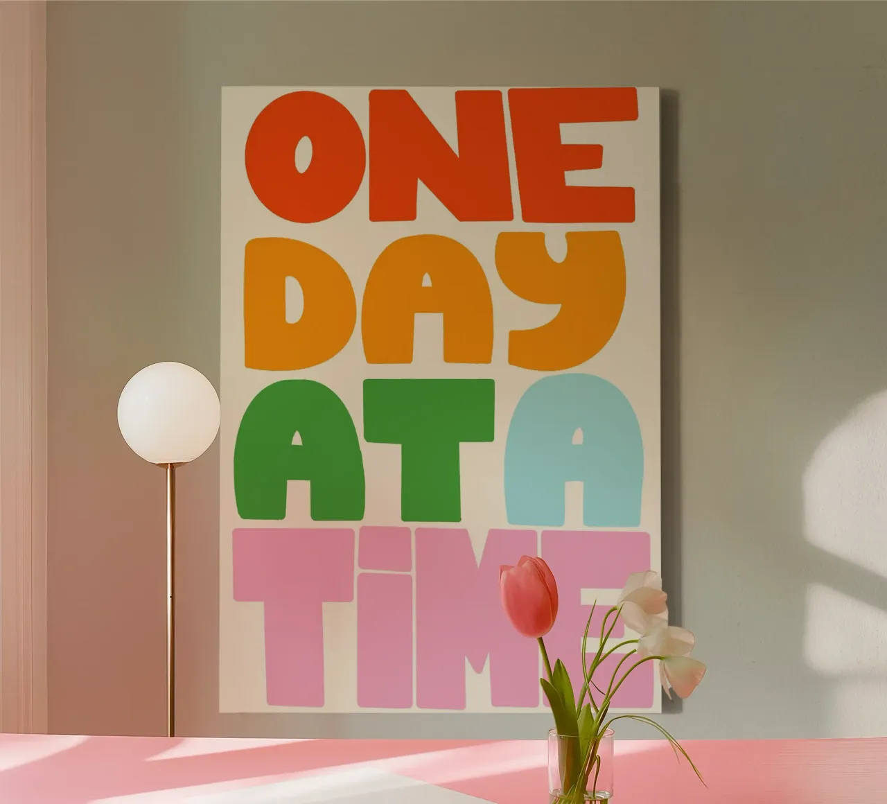One Day at a Time - Retro Typografie Poster canvas met Baklijst van vintagepod