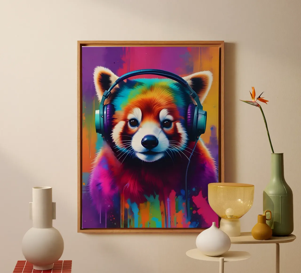 Red panda music graffitit art canvas with Floater frame by MakArena