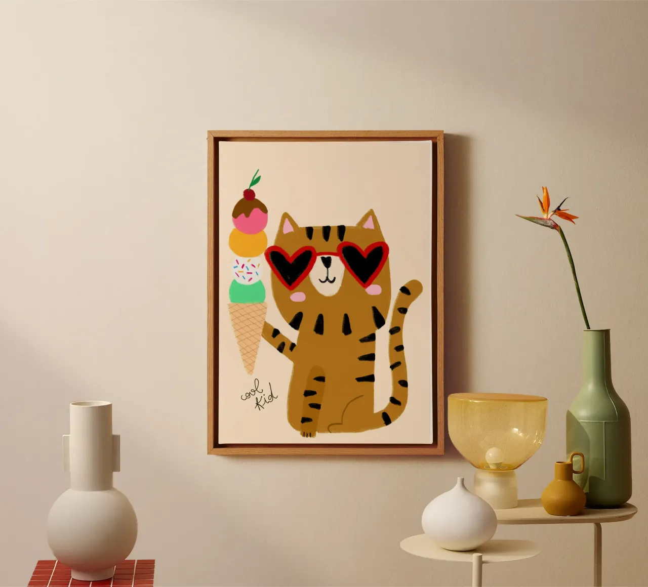 Cool Kid' tabby kat met ijsje canvas met Baklijst van vintagepod