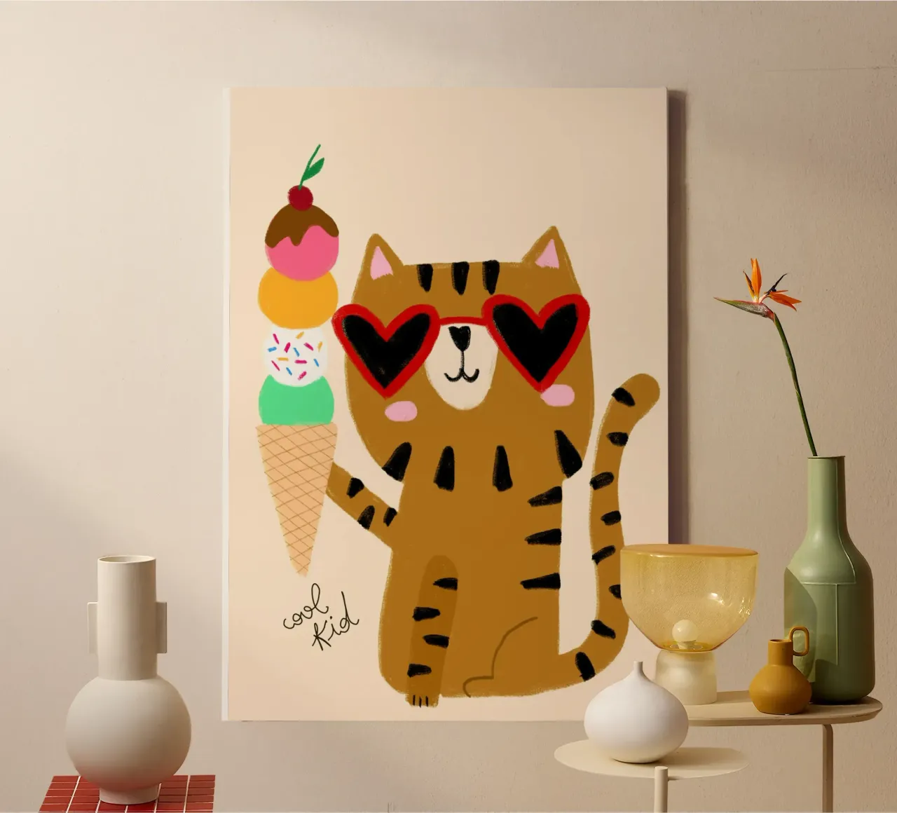 Cool Kid' tabby kat met ijsje canvas met Baklijst van vintagepod