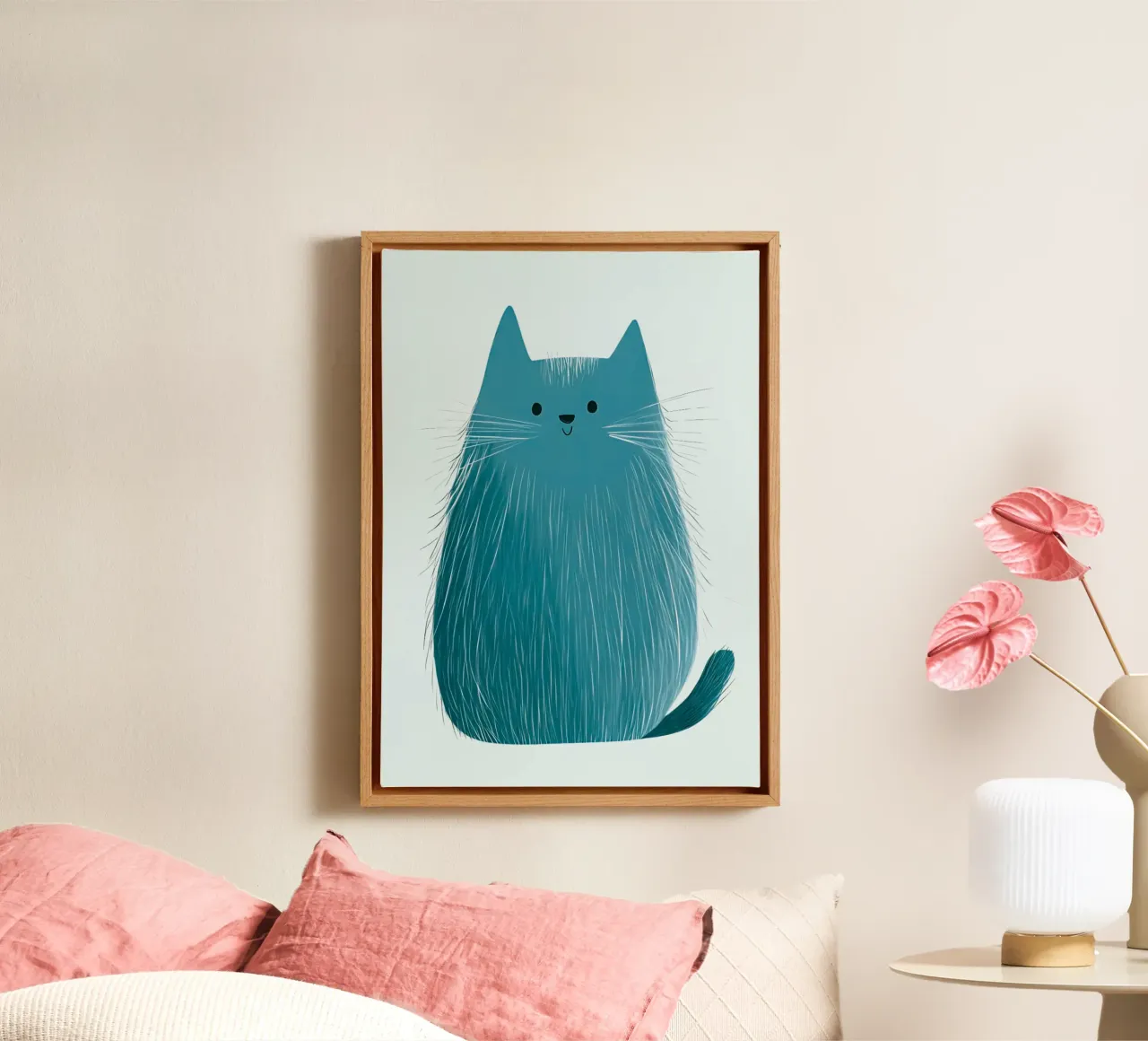 Poster per bambini e camerette con un simpatico gatto azzurro tela con Cornice a cassetta da vintagepod