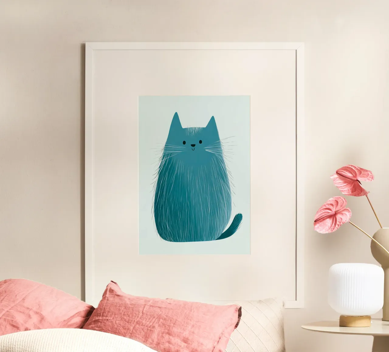 Poster per bambini e camerette con un simpatico gatto azzurro poster con telaio in legno da vintagepod