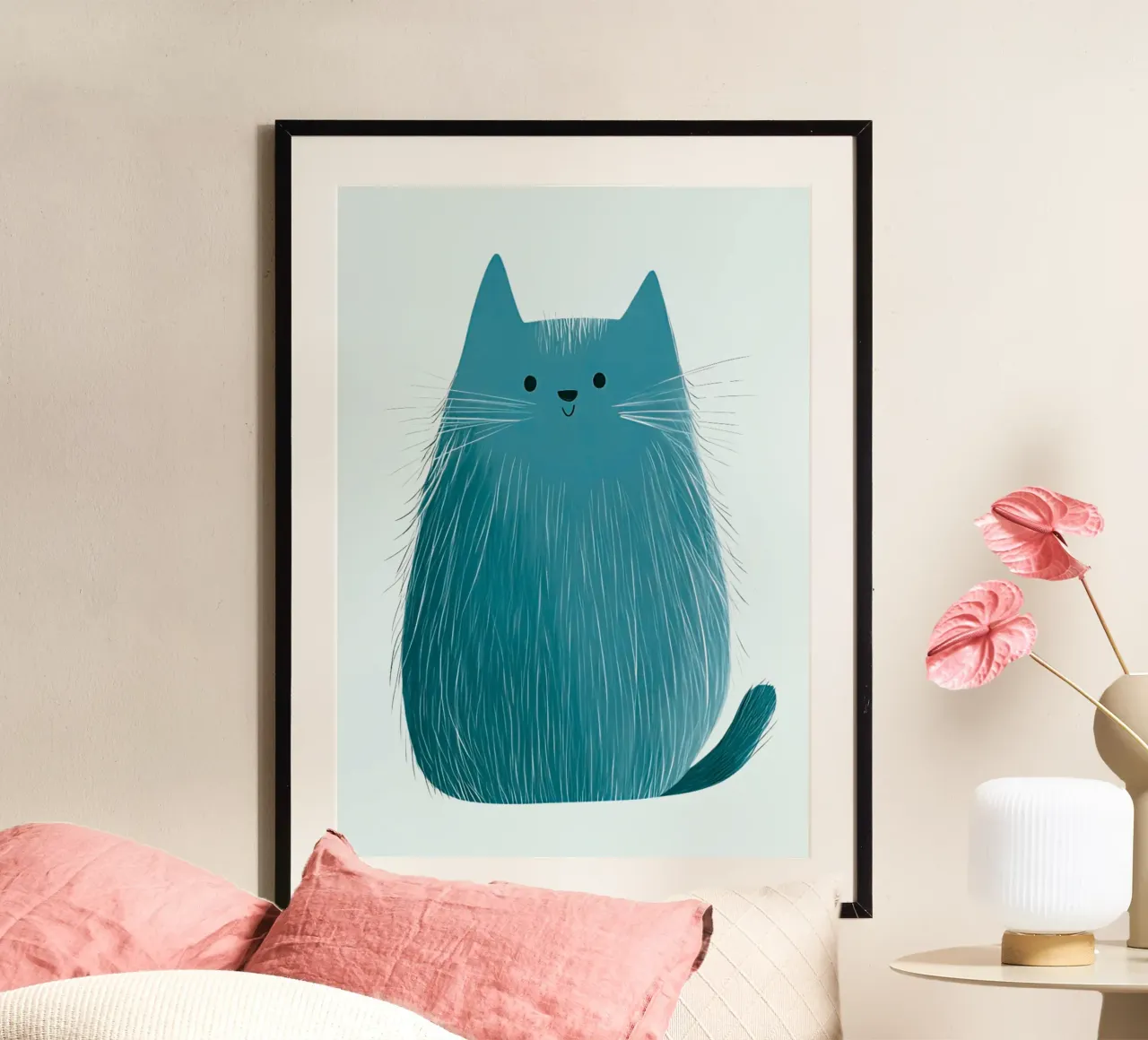 Poster per bambini e camerette con un simpatico gatto azzurro poster con telaio in legno da vintagepod