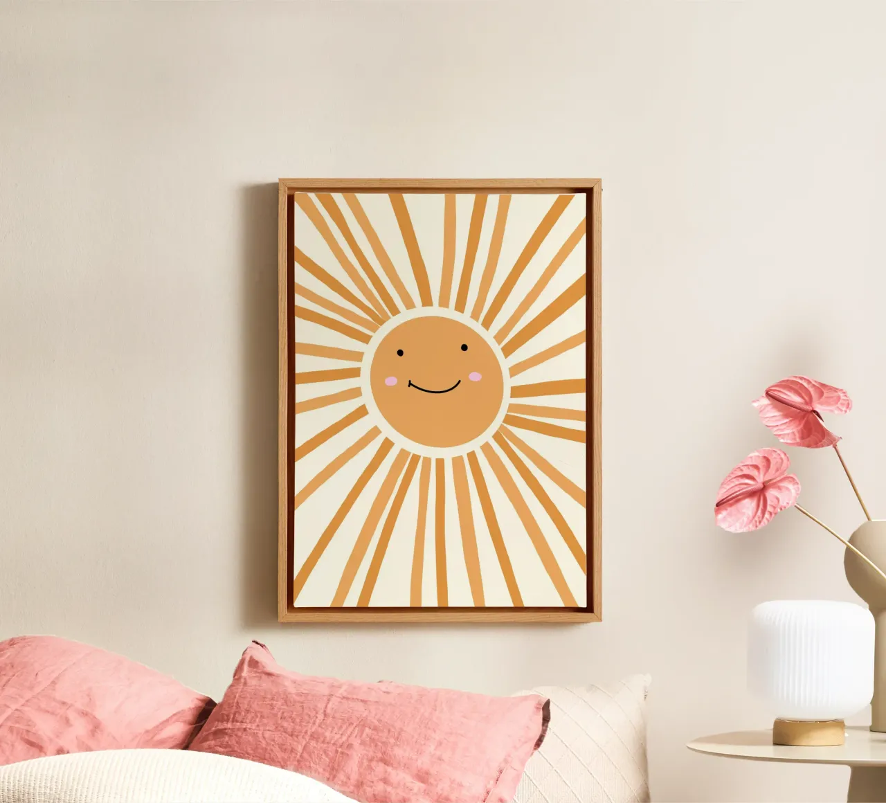 Happy Sun Glimlachend Gezicht Retro Kunstdruk canvas met Baklijst van vintagepod