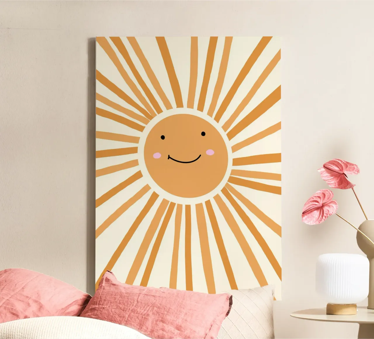 Happy Sun Glimlachend Gezicht Retro Kunstdruk canvas met Baklijst van vintagepod