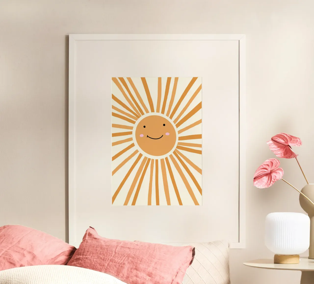 Stampa d'arte retrò Happy Sun Smiling Face poster con telaio in plastica da vintagepod