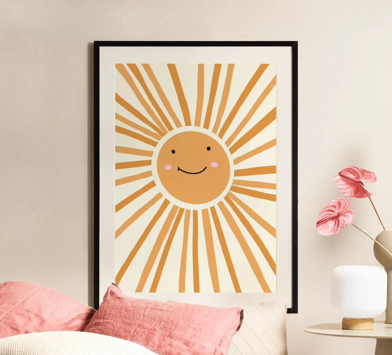 Stampa d'arte retrò Happy Sun Smiling Face poster con telaio in plastica da vintagepod