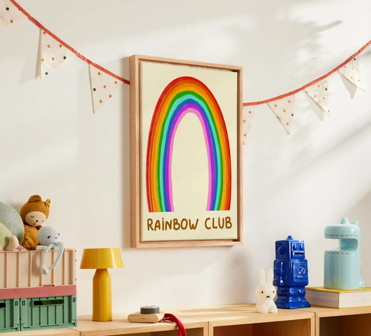 Regenboog Club Typografie Kunstdruk - Kleurrijk Decor voor Kinderen canvas met Baklijst van vintagepod