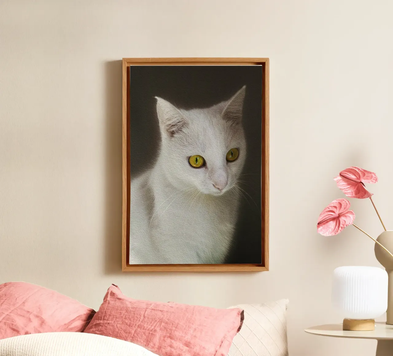 Witte kat met gouden ogen - Olieverfschilderij Fine Art Print canvas met Baklijst van jay