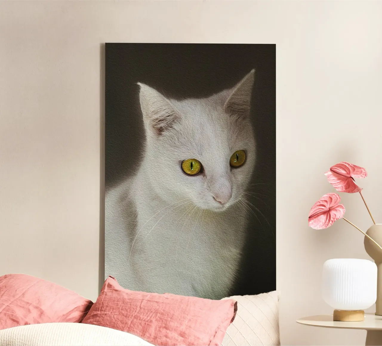 Witte kat met gouden ogen - Olieverfschilderij Fine Art Print canvas met Baklijst van jay