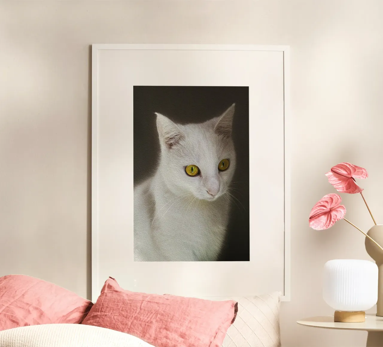 Chat blanc aux yeux d'or - Peinture à l'huile - Impression d'art poster de jay