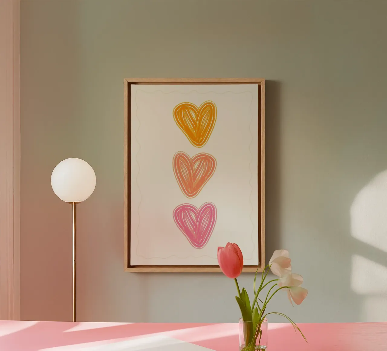 Three Hearts Minimalistische Boho Kunstdruk canvas met Baklijst van vintagepod