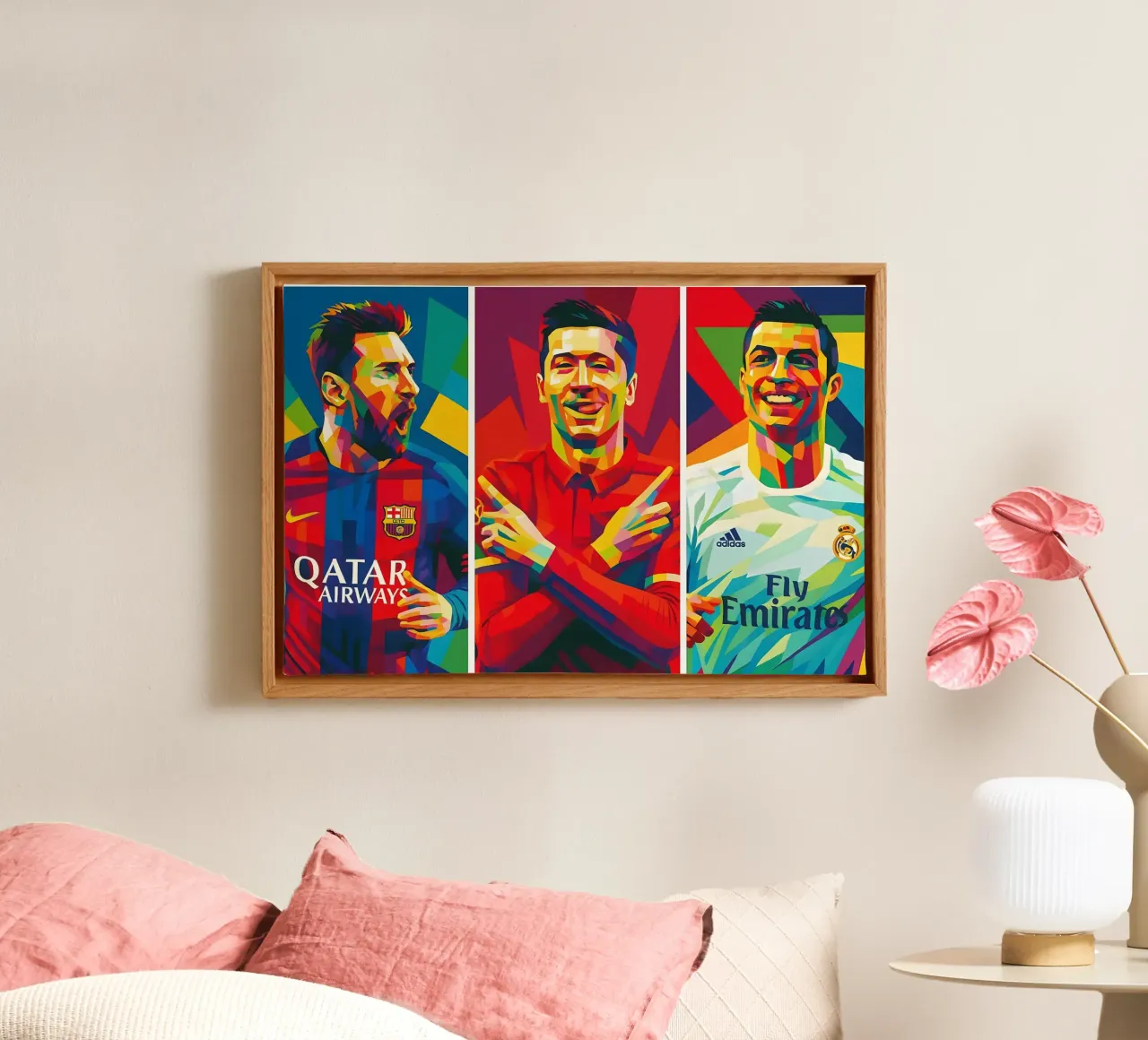 Messi, Lewandowski, Ronaldo kunst canvas met Baklijst van BONANZA