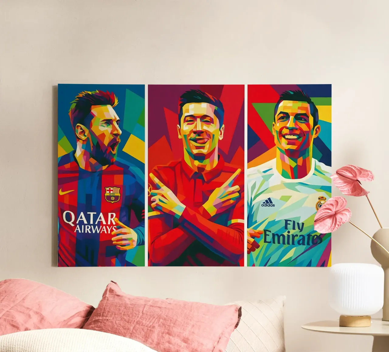 Messi, Lewandowski, Ronaldo kunst canvas met Baklijst van BONANZA