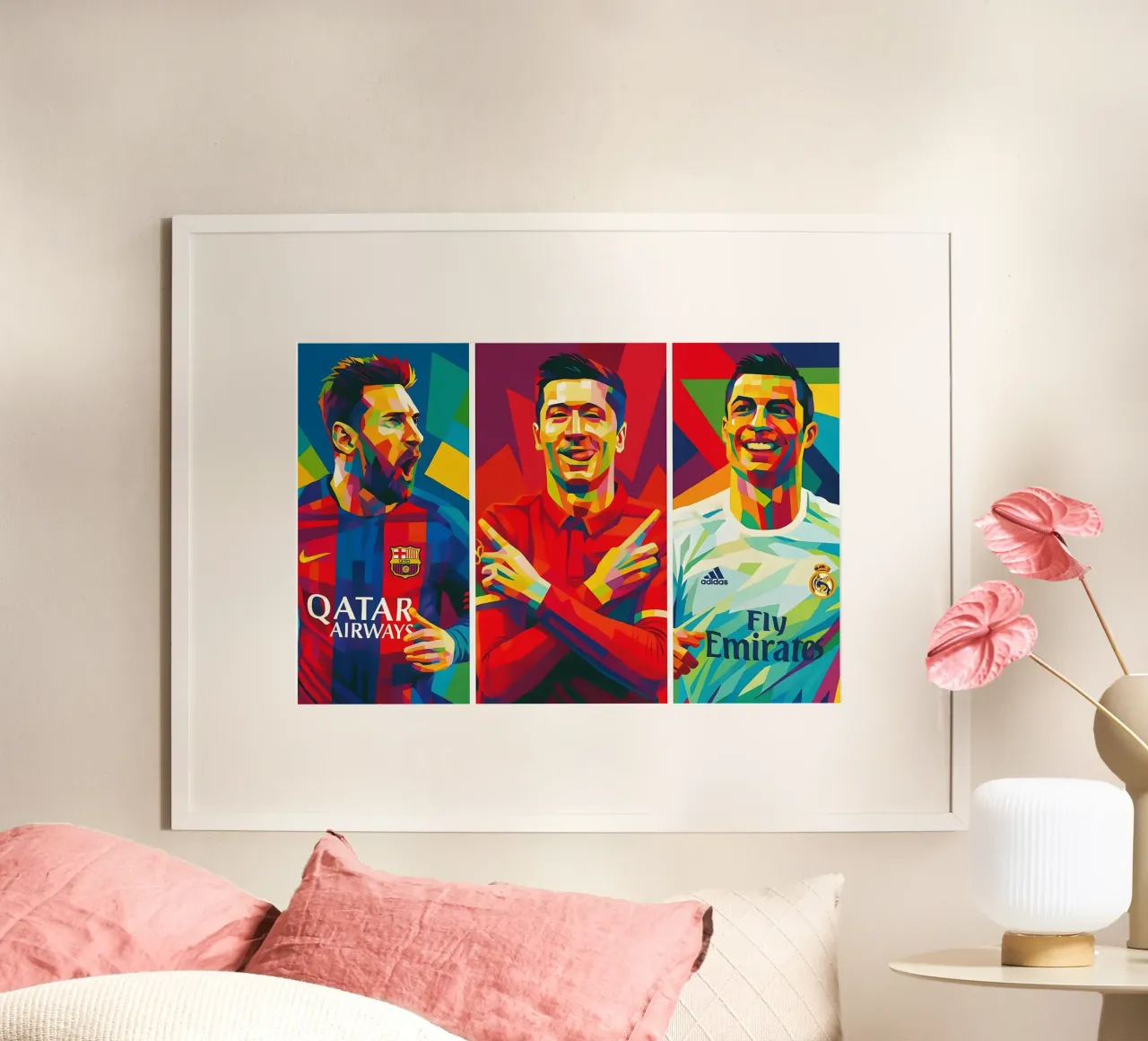 Messi, Lewandowski, Ronaldo art poster con telaio in legno da BONANZA